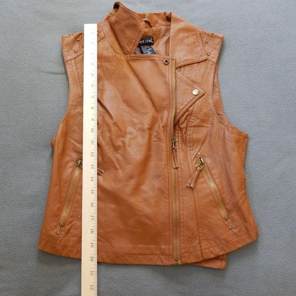 Wet Seal Womens Vest XL Brown Moto Pleather Vegan Faux Leather Studded Zip Snap - Picture 8 of 10